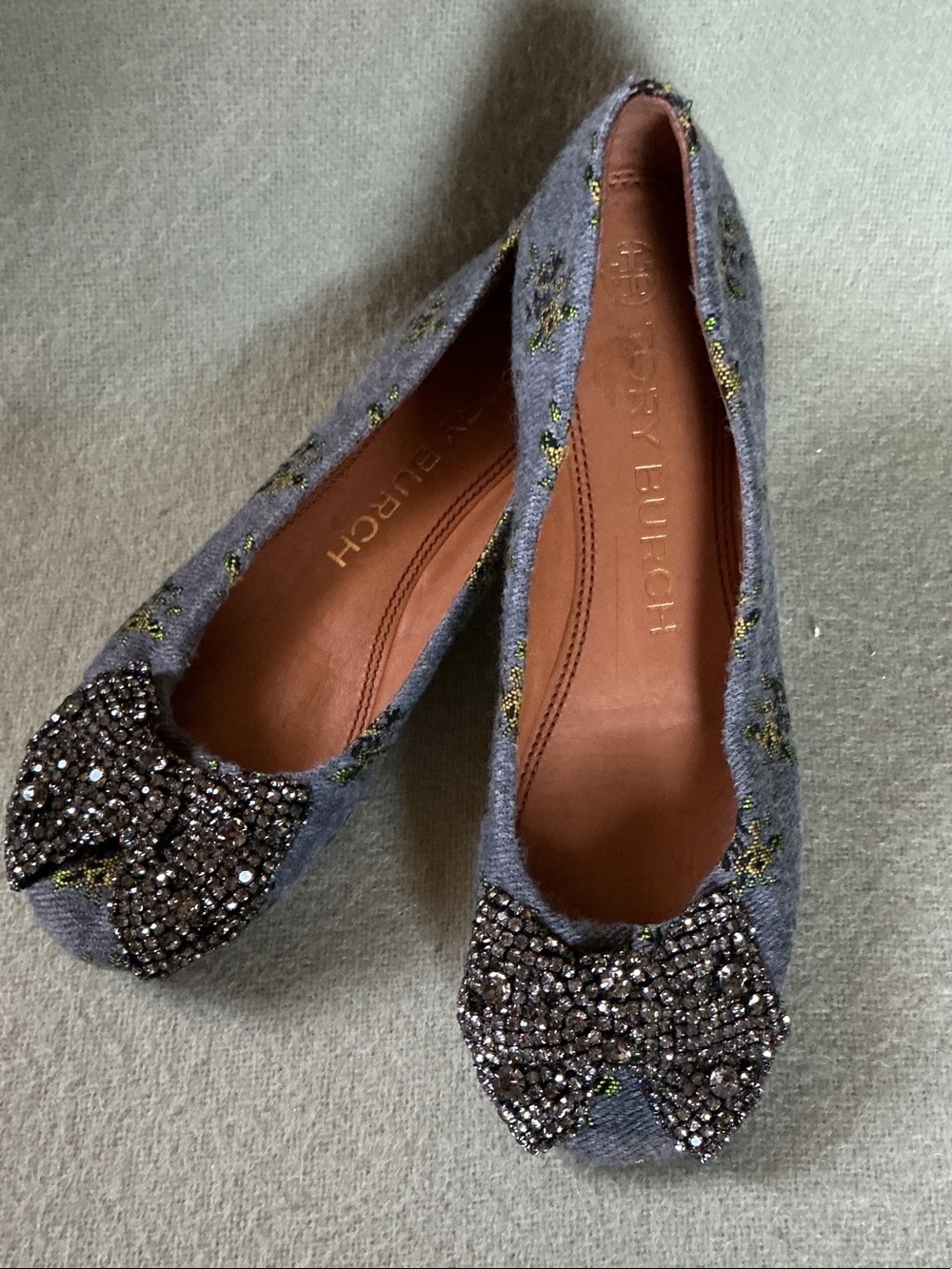Tory Burch Gray Wool Flats with Crystal Bow